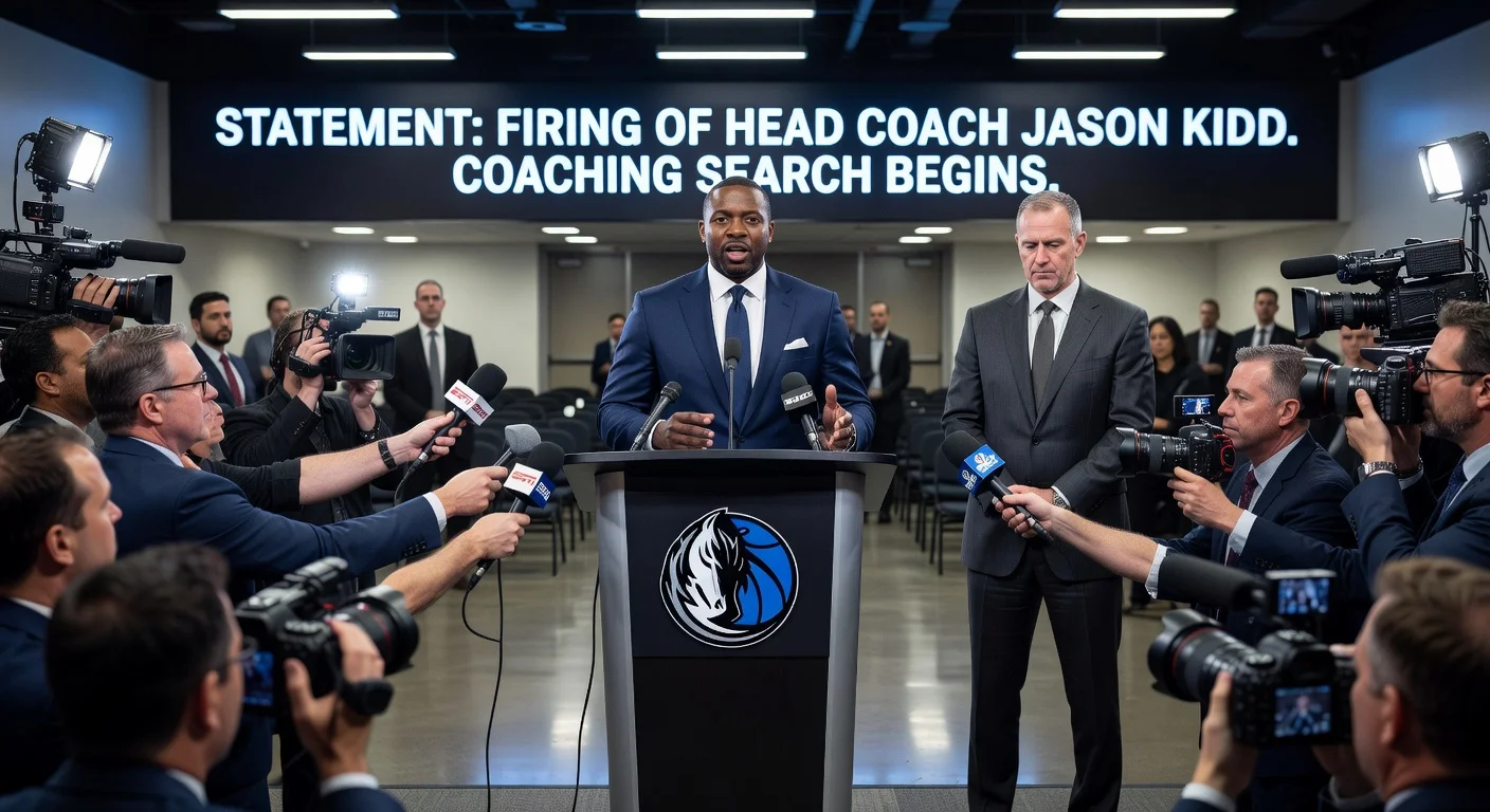 A press conference where Dallas Mavericks fire coach Jason Kidd, with president Masai Ujiri announcing the decision.