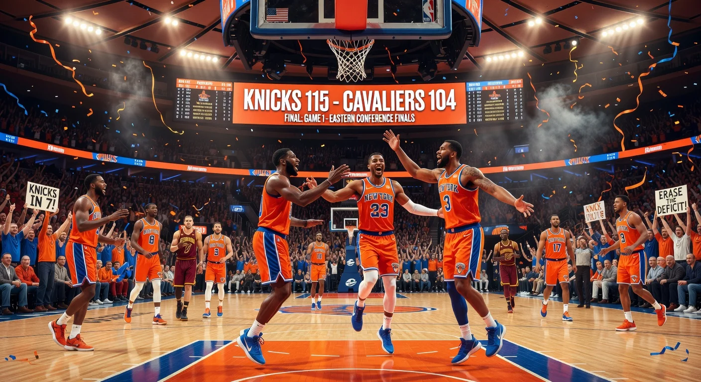 Illustration of the New York Knicks' historic comeback win against the Cleveland Cavaliers in the NBA playoffs.