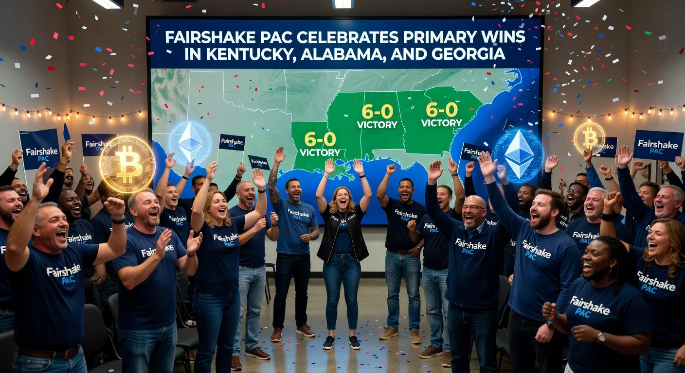 News illustration showing Fairshake PAC's election victories in southern states with cryptocurrency themes.