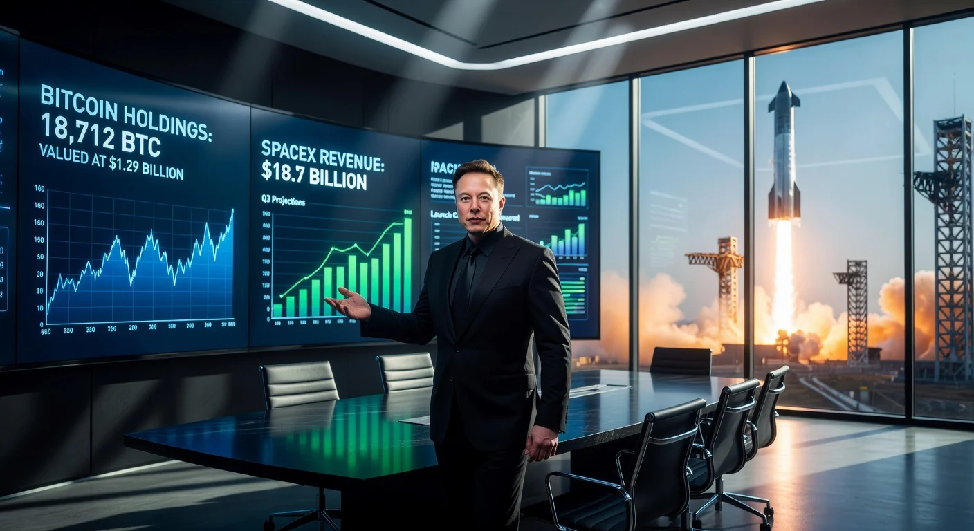 Elon Musk presenting SpaceX's Bitcoin holdings and IPO details in a boardroom setting