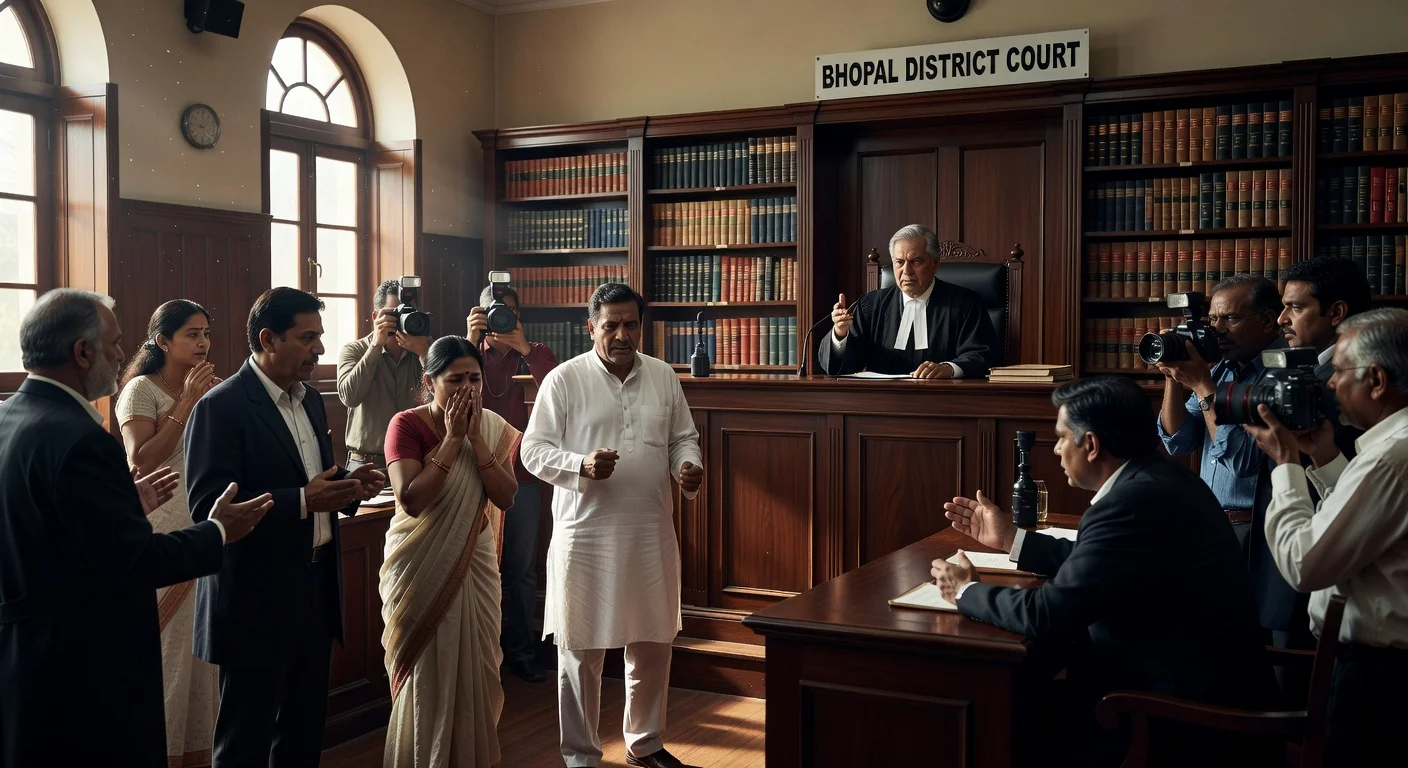 A courtroom scene from the Bhopal court rejecting the second postmortem plea in the Twisha Sharma case, showing a judge, family, and lawyers in a tense setting.