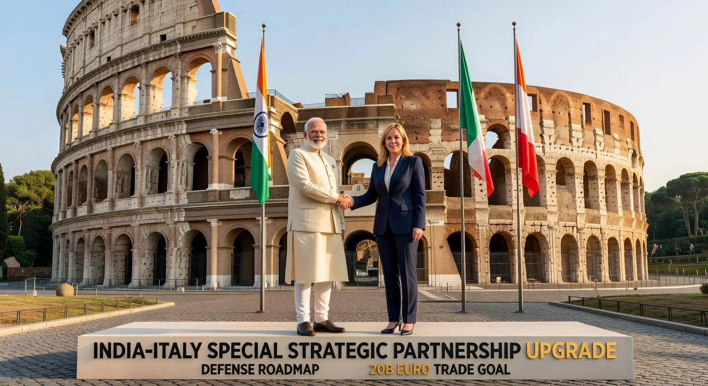 Prime Minister Narendra Modi shaking hands with Italian counterpart in Rome, symbolizing upgraded India-Italy strategic partnership.