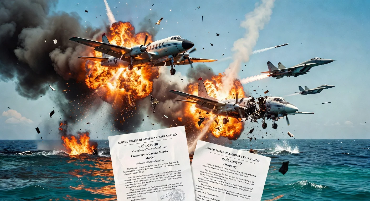 Illustration of planes being shot down with overlay of legal documents related to Raúl Castro's indictment.