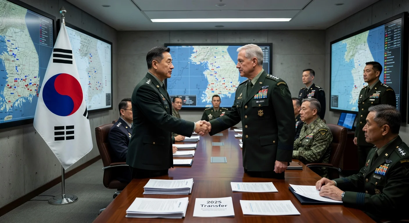 South Korean and US military officers shaking hands symbolizing the transfer of wartime operational control.