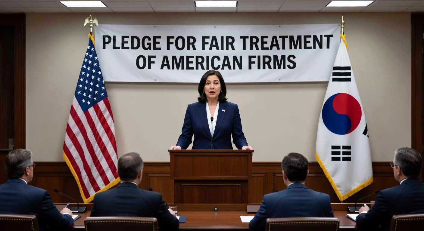 Illustration of Michelle Steel pledging fair treatment for American companies in South Korea during a Senate hearing.
