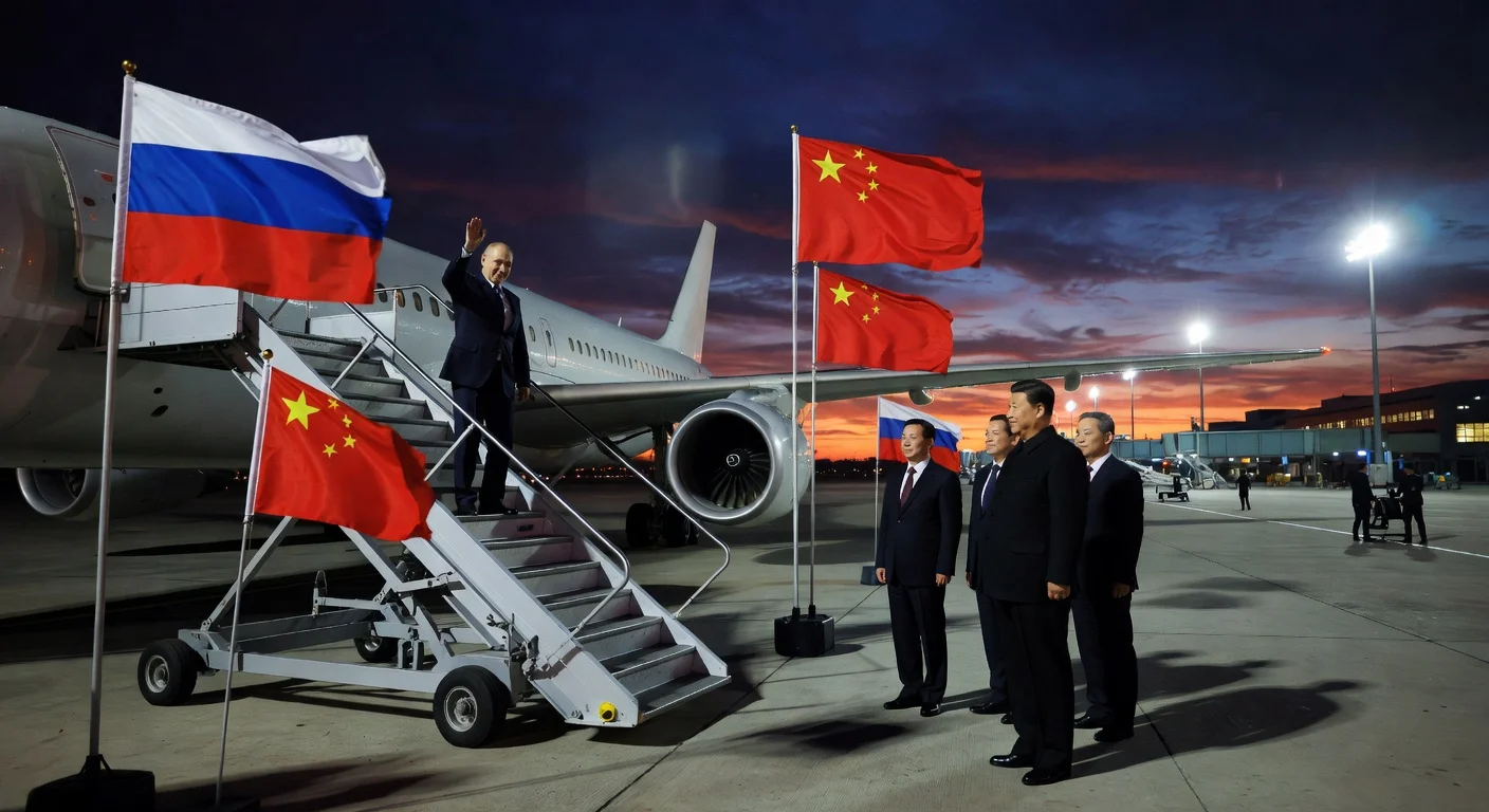 Russian President Vladimir Putin boarding his plane in Beijing at night, waving to Chinese President Xi Jinping on the tarmac with flags and airport lights visible.