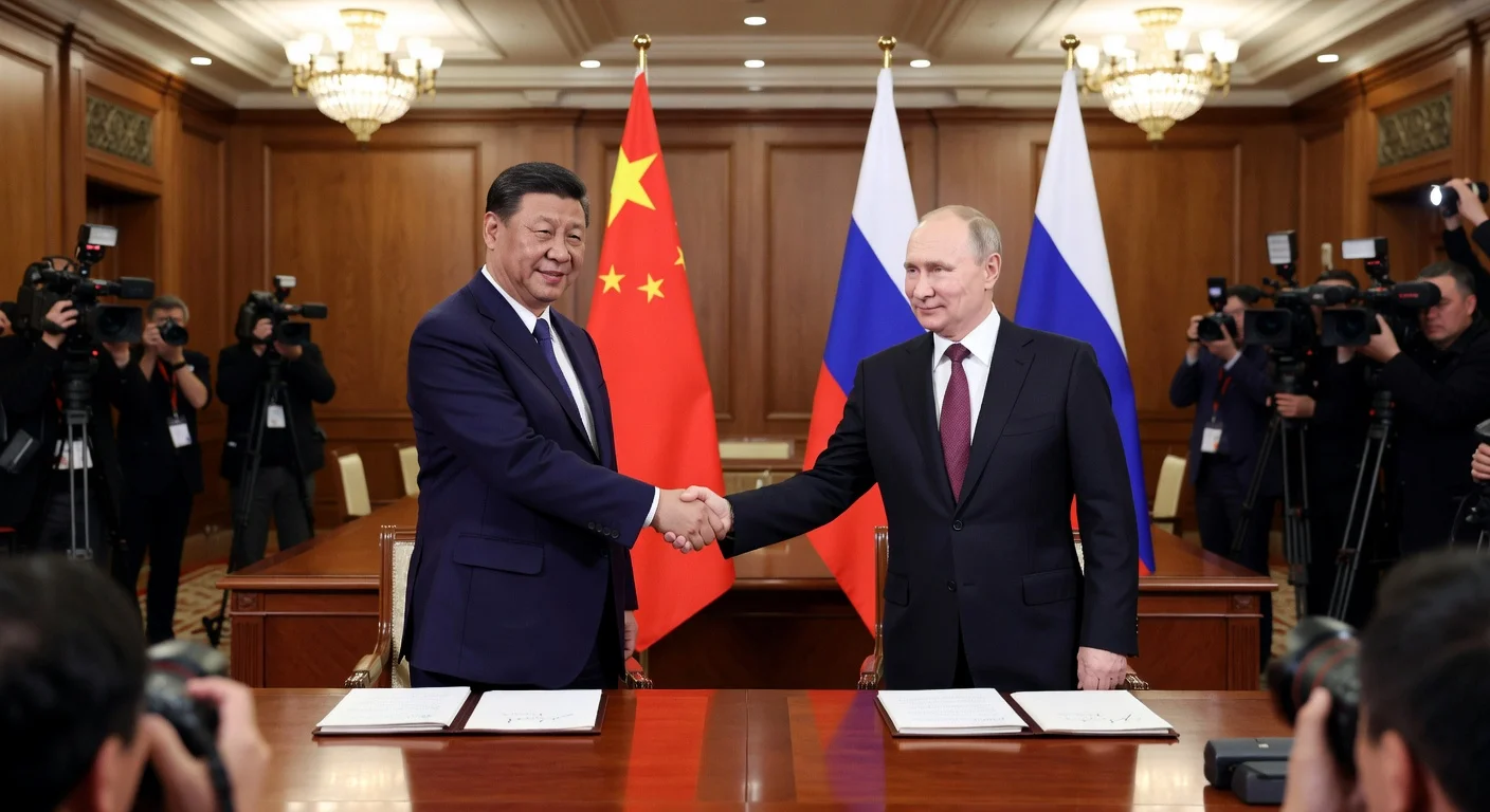 Xi Jinping and Vladimir Putin shaking hands at a Beijing summit, illustrating their deepened strategic partnership.
