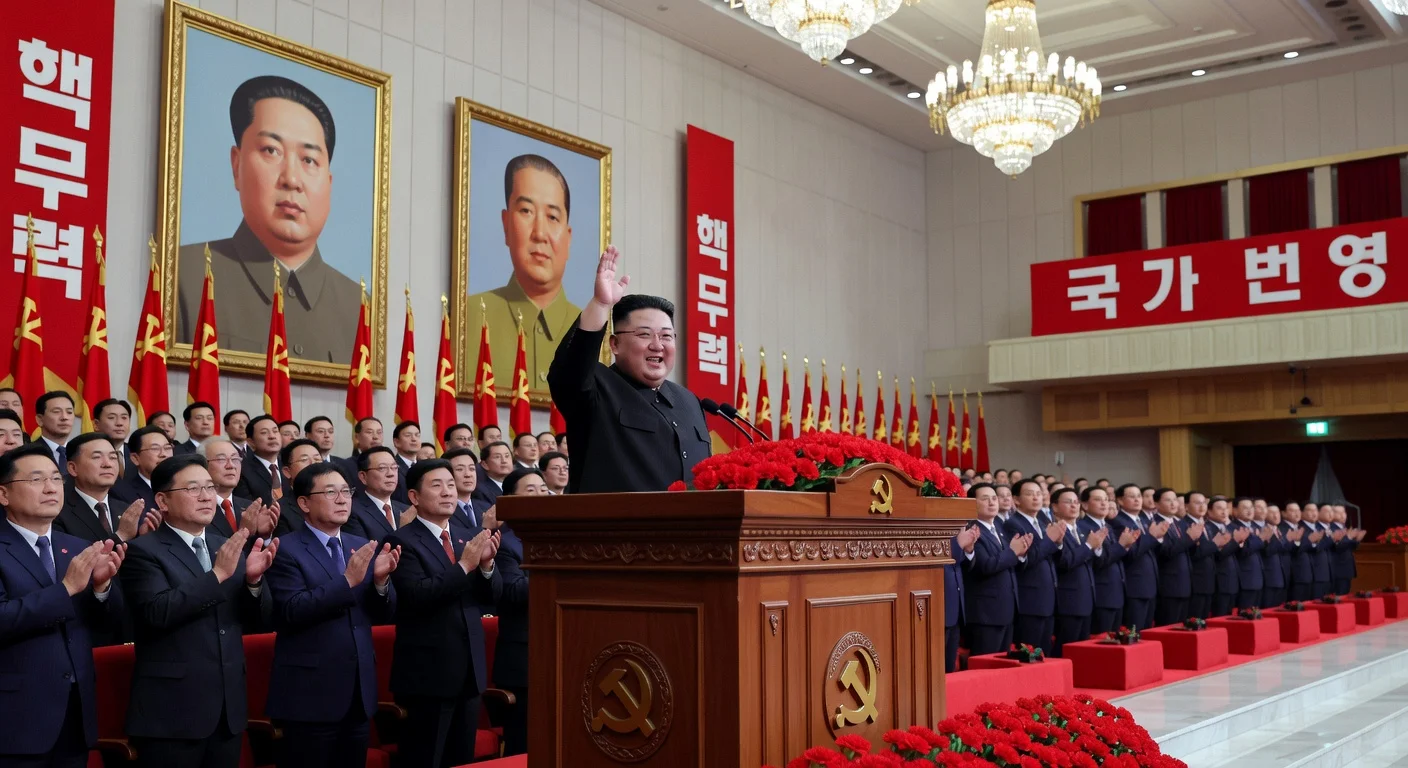 Kim Jong-un at podium during Workers' Party Congress, reelected general secretary amid applauding delegates.