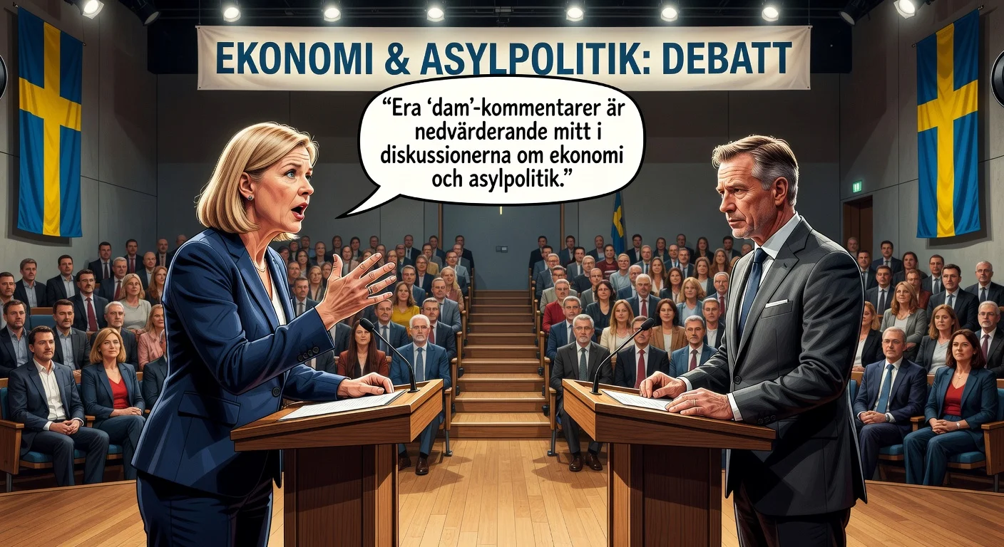 Magdalena Andersson criticizing Ulf Kristersson during a political debate in Stockholm.
