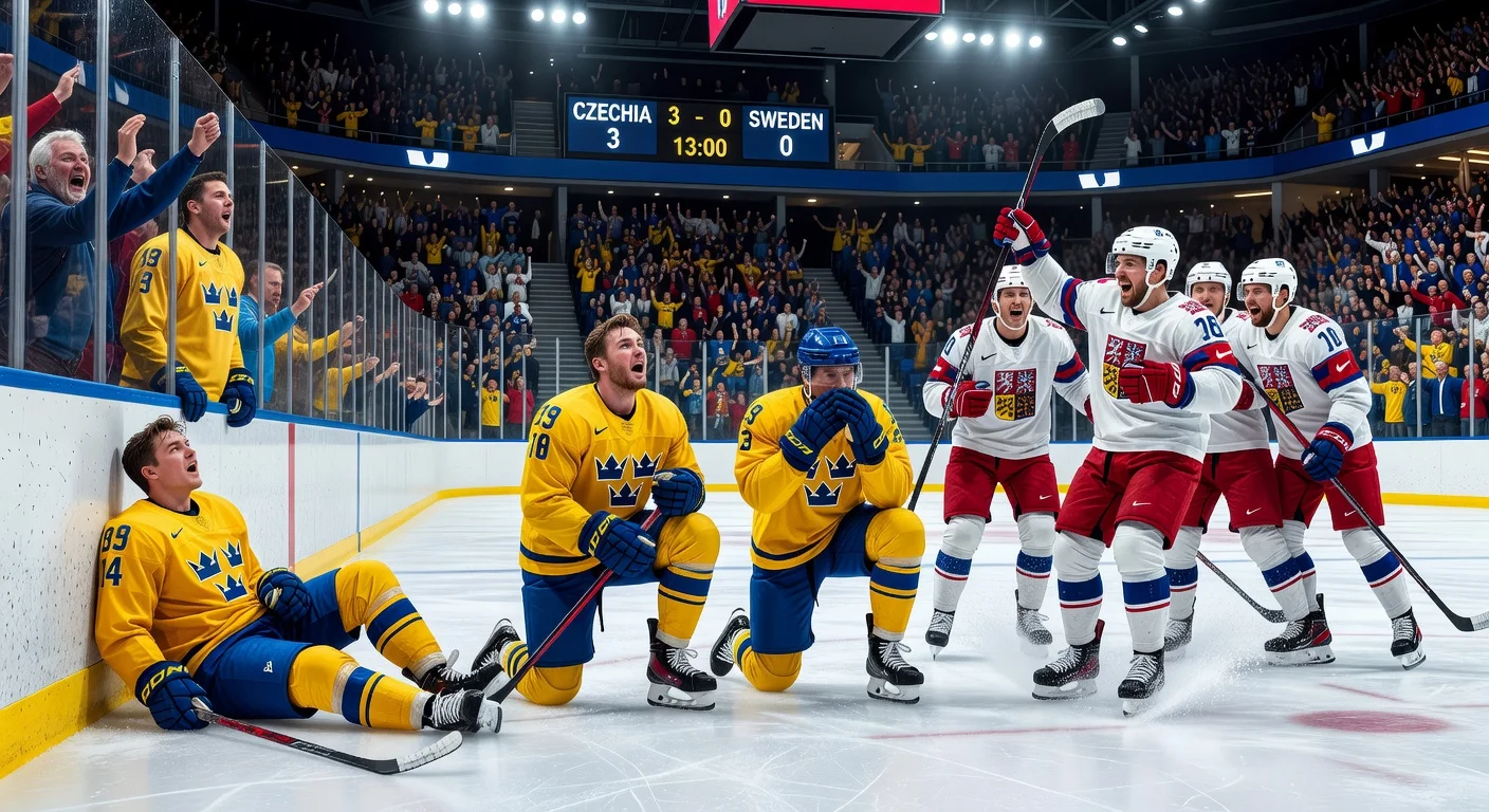 Illustration of Sweden losing to Czechia in ice hockey World Championship with 0-3 scoreboard lead
