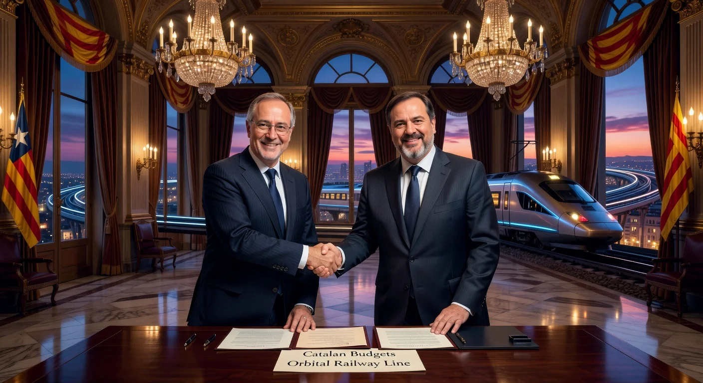 Salvador Illa and Oriol Junqueras shaking hands after signing a pact for Catalan budgets and orbital train.