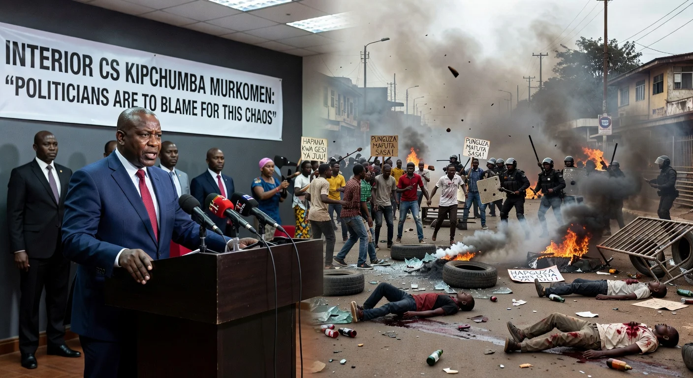 Violent protests in Kenya with injured people and Interior CS Murkomen speaking to the press.