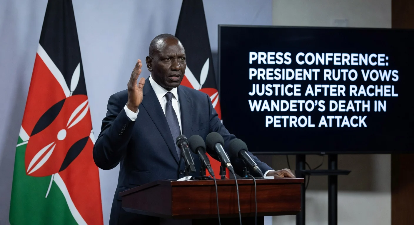 President William Ruto vowing justice for the late gospel singer Rachel Wandeto at a press conference.