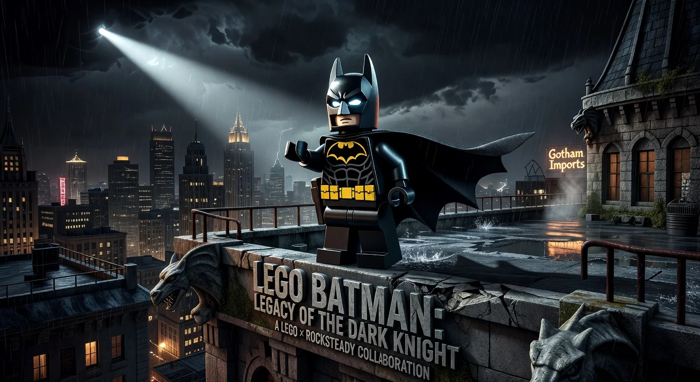 Illustration of Lego Batman in a realistic Gotham setting highlighting the Rocksteady collaboration for the new game.