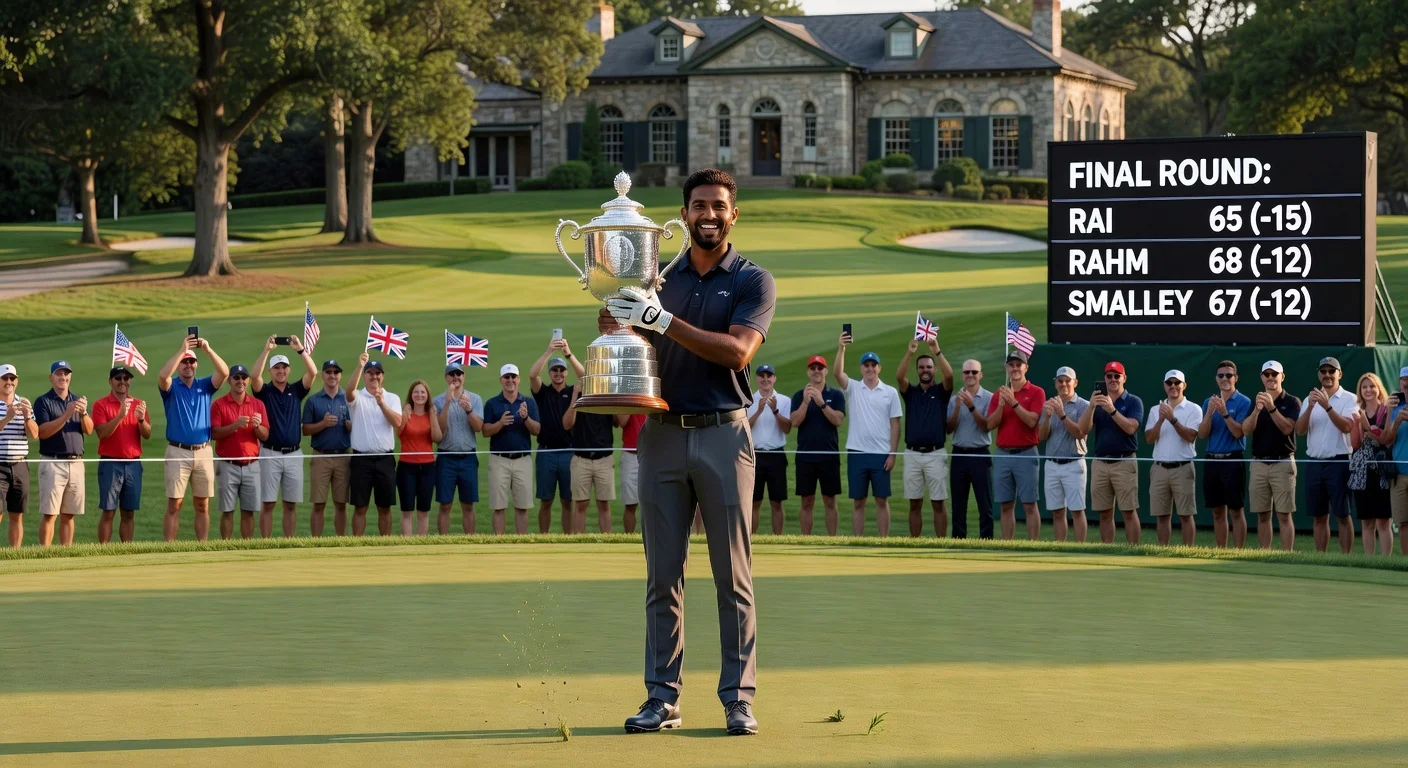 Aaron Rai celebrating his PGA Championship victory at Aronimink Golf Club with the Wanamaker Trophy