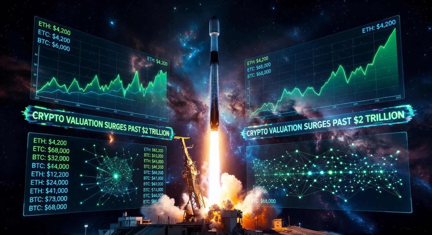Illustration of SpaceX rocket launch with financial charts showing $2 trillion valuation and crypto trading elements.