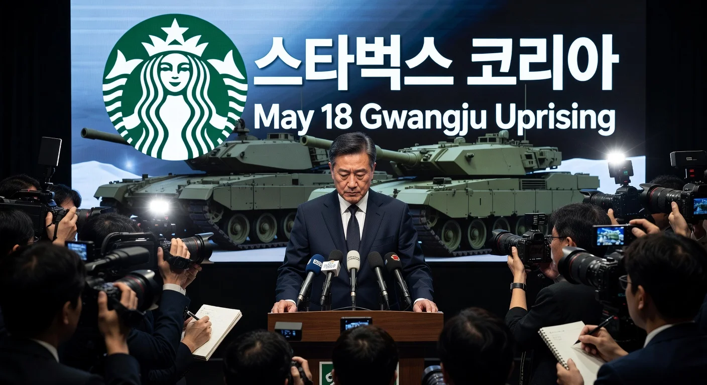 Shinsegae Chairman Chung Yong-jin apologizes at a press conference over the Starbucks Korea Tank Day controversy linked to the Gwangju Uprising.