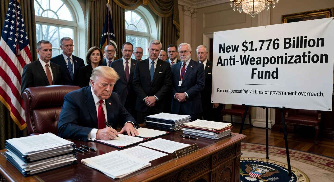 Illustration of President Trump settling IRS lawsuit with anti-weaponization fund, featuring signing in Oval Office with critics in background.