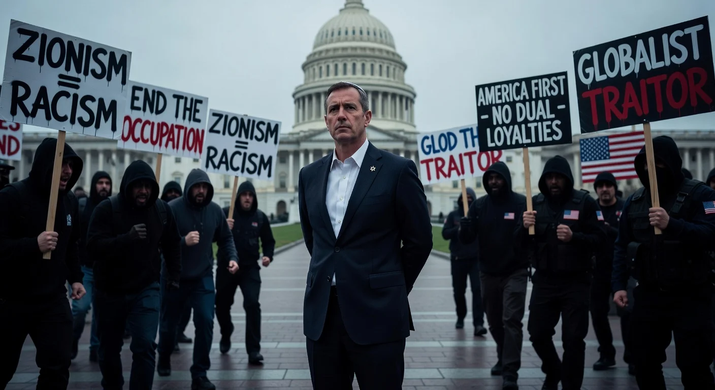 Illustration of Jewish politicians facing threats from political extremes in Congress.