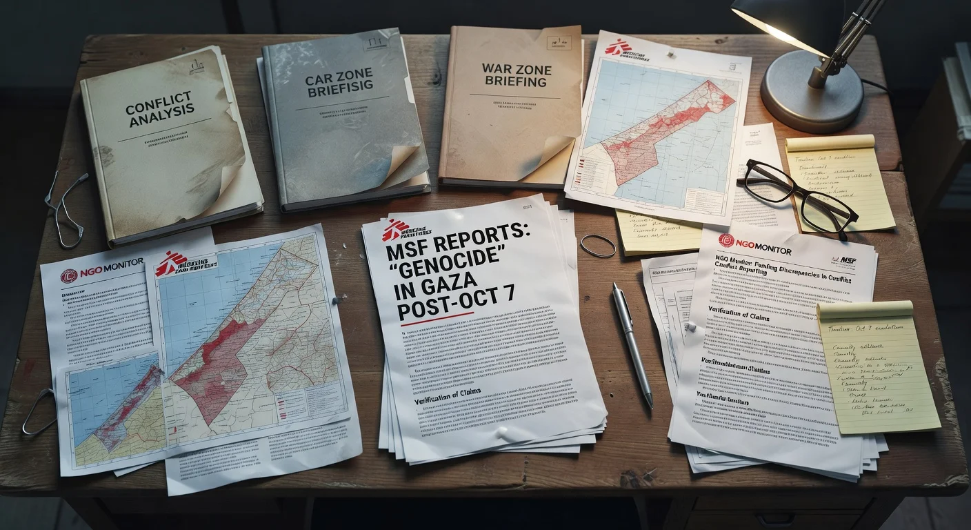 Illustration of NGO Monitor analysis on Doctors Without Borders' use of 'genocide' in Gaza messaging