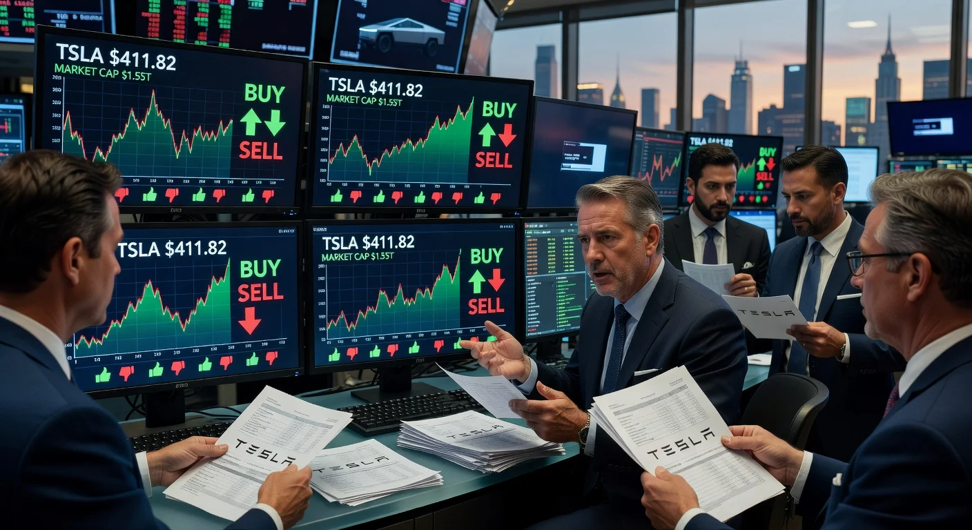 Wall Street traders analyzing 13F filings and Tesla stock charts amid institutional investors' mixed adjustments to holdings.