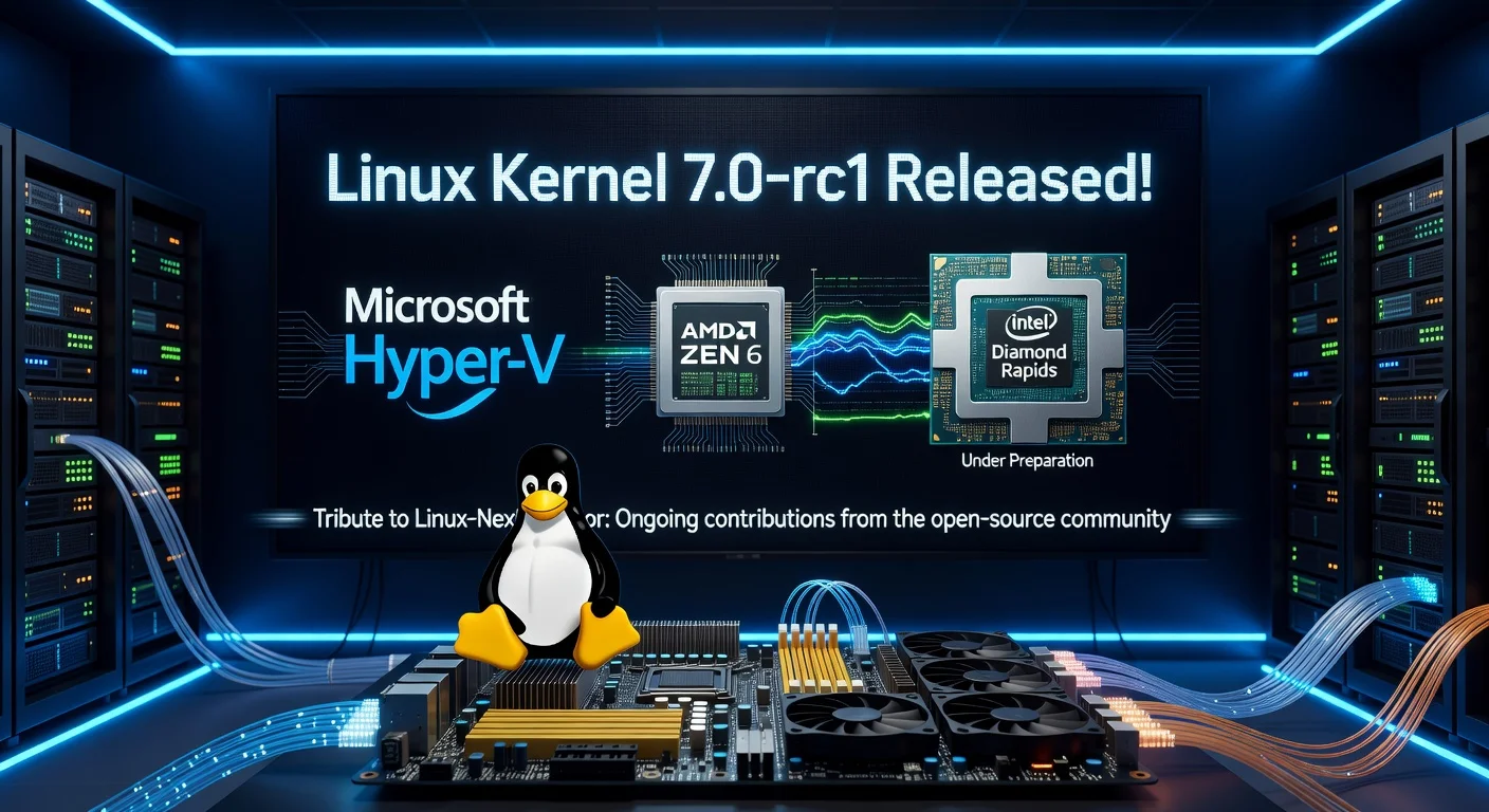 Illustration of Linux Kernel 7.0-rc1 release in a high-tech server room, featuring new supports for Hyper-V, AMD Zen 6, Intel Diamond Rapids, and Linux-Next credits.