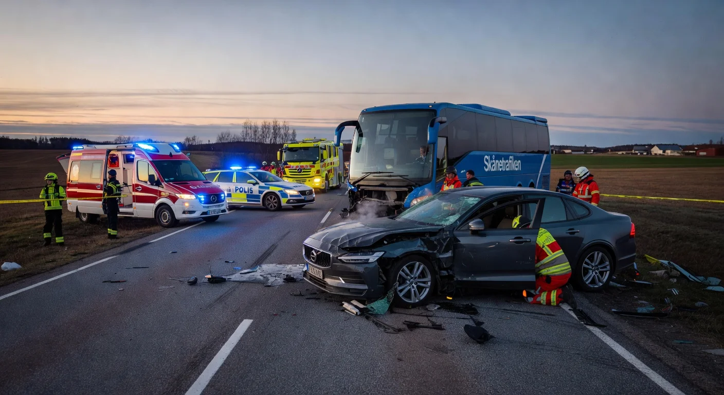 Wreckage from a car and bus collision on a rural road with emergency services on scene.