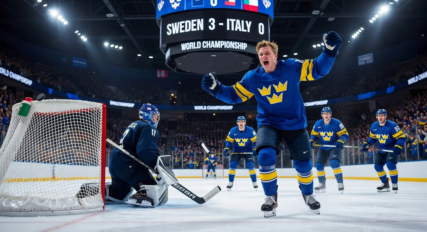 18-year-old Ivar Stenberg celebrates scoring against Italy in the ice hockey World Championship as Sweden wins 3-0.