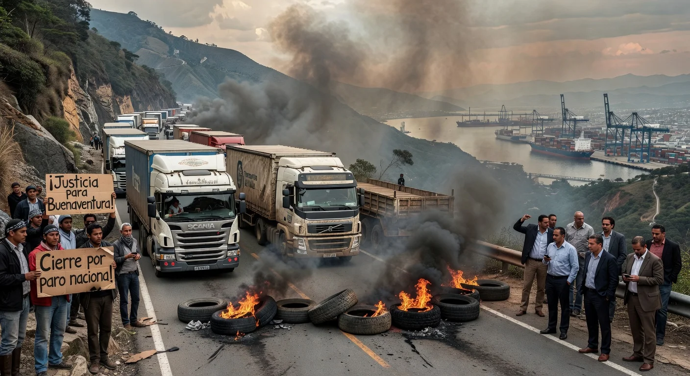 Blockaded road to Colombia's Buenaventura port affecting trade, with trucks and protesters.