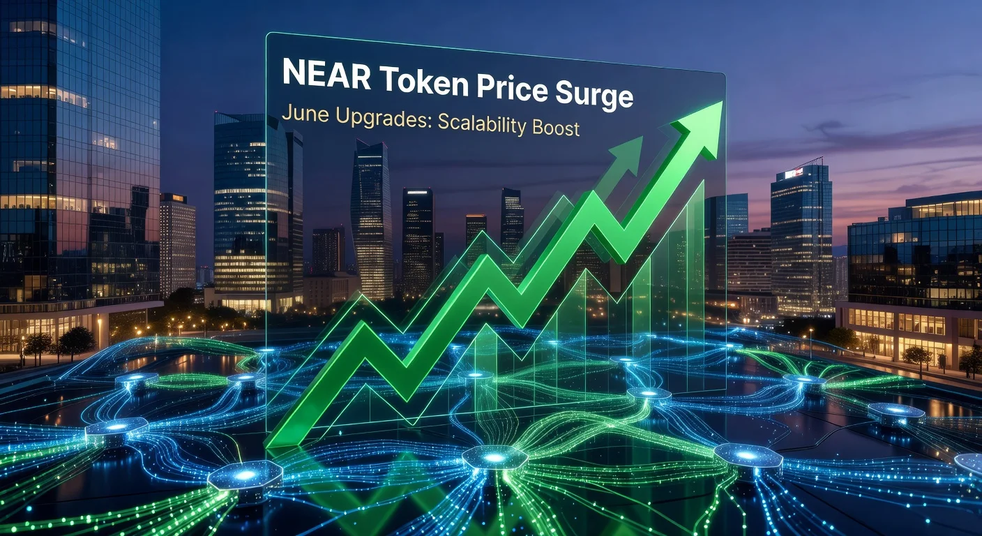 Illustration of surging NEAR token prices with AI and blockchain visuals for news article.