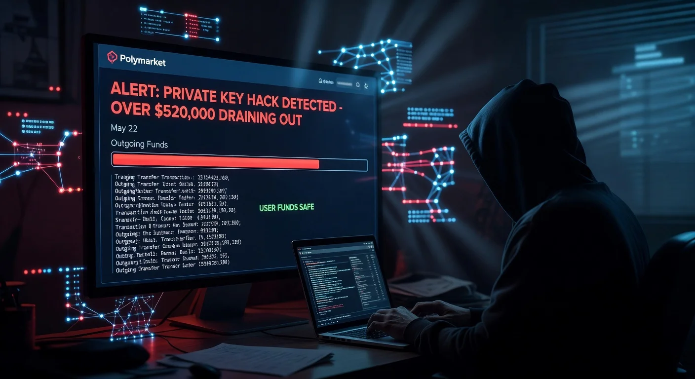 Illustration of a hacked Polymarket wallet showing $520,000 being drained on the Polygon blockchain.