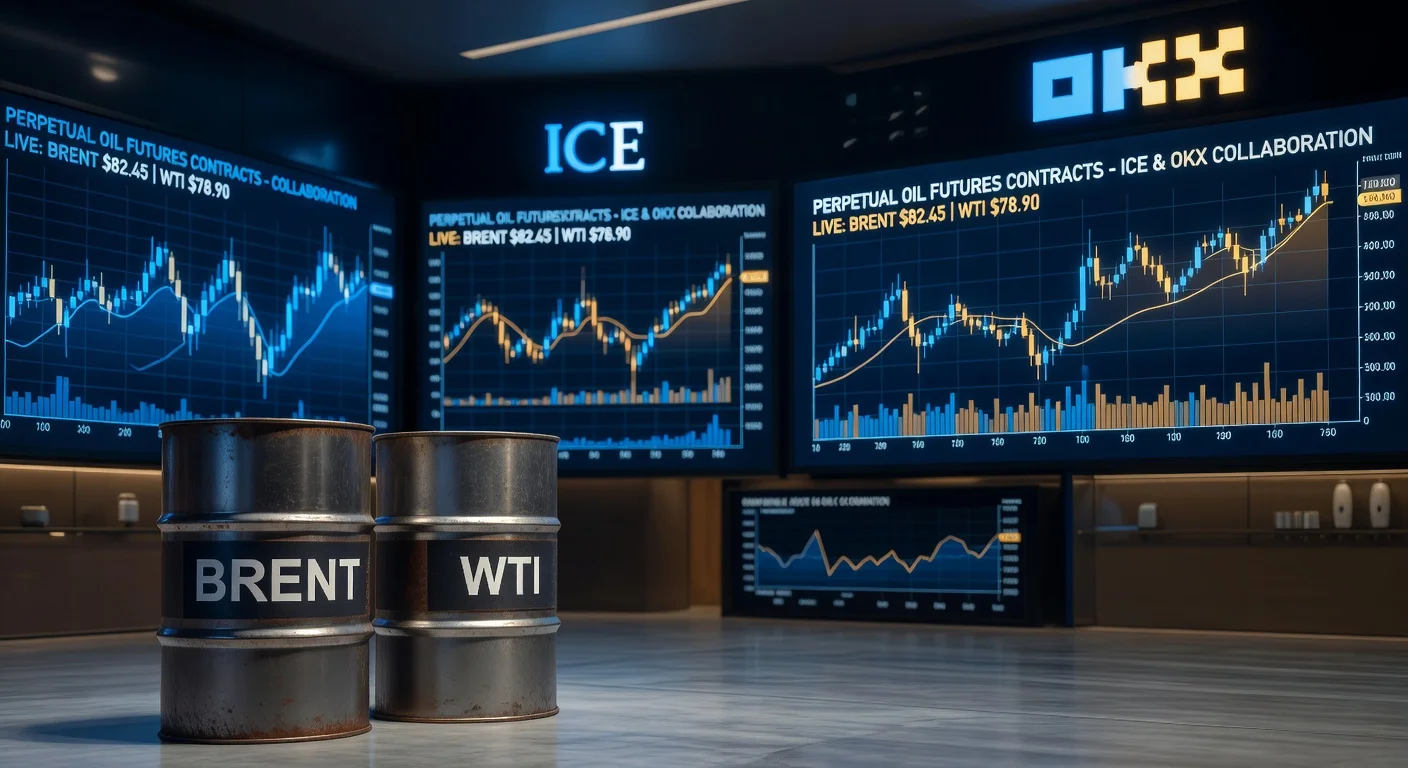 Illustration depicting the launch of perpetual oil futures by ICE and OKX, featuring oil benchmarks and trading elements.