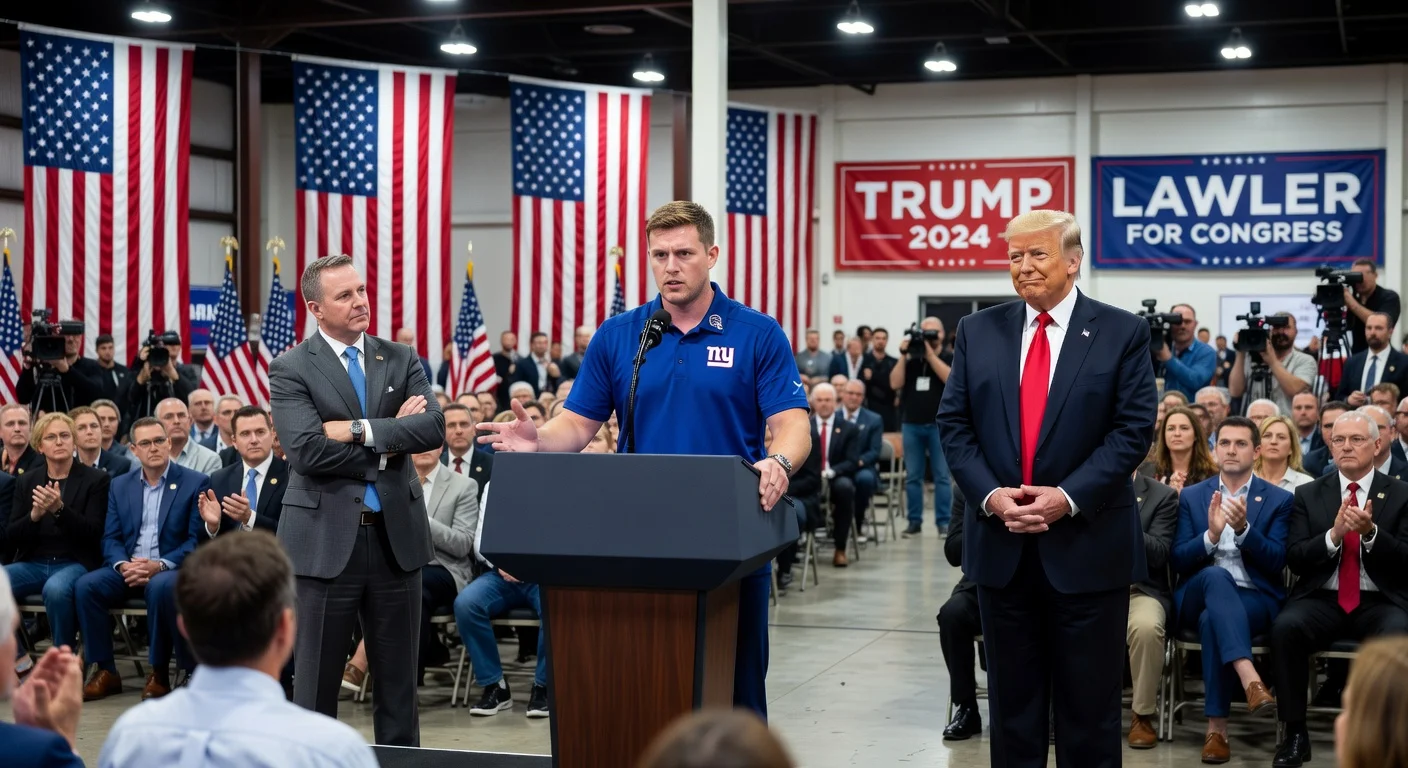 New York Giants quarterback Jaxson Dart introduces President Donald Trump at a Mike Lawler campaign event in Rockland County, New York.