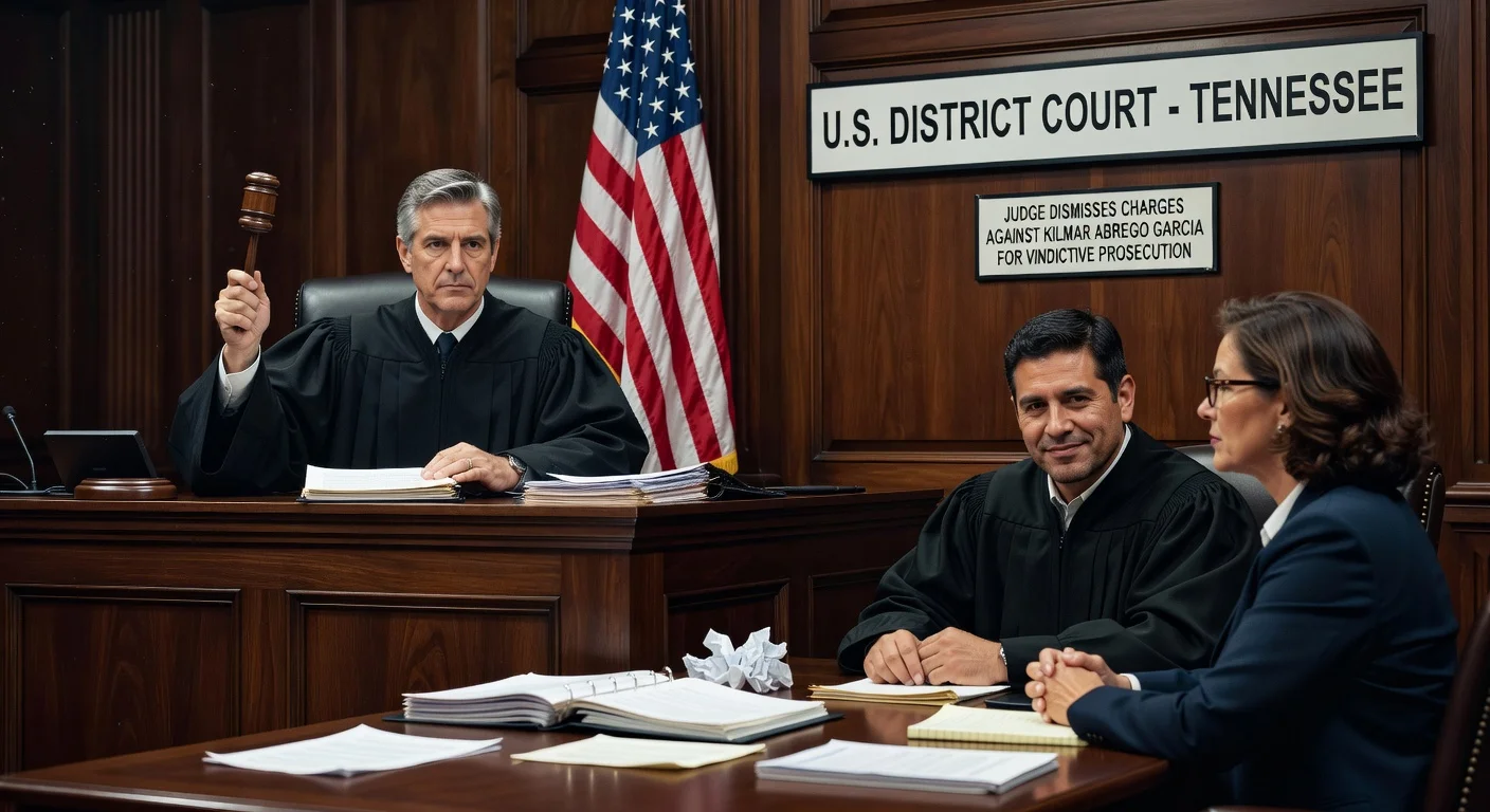 A federal judge dismissing the human smuggling case against Kilmar Abrego Garcia in a Tennessee courtroom.