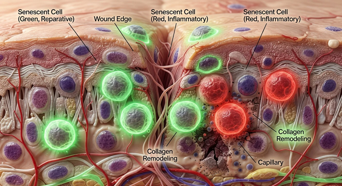 Microscopic view contrasting helpful and harmful senescent cells in tissue repair
