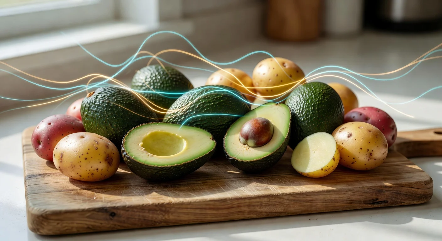 Fresh avocados and potatoes on a table with nerve and muscle illustrations for a wellness article on potassium.