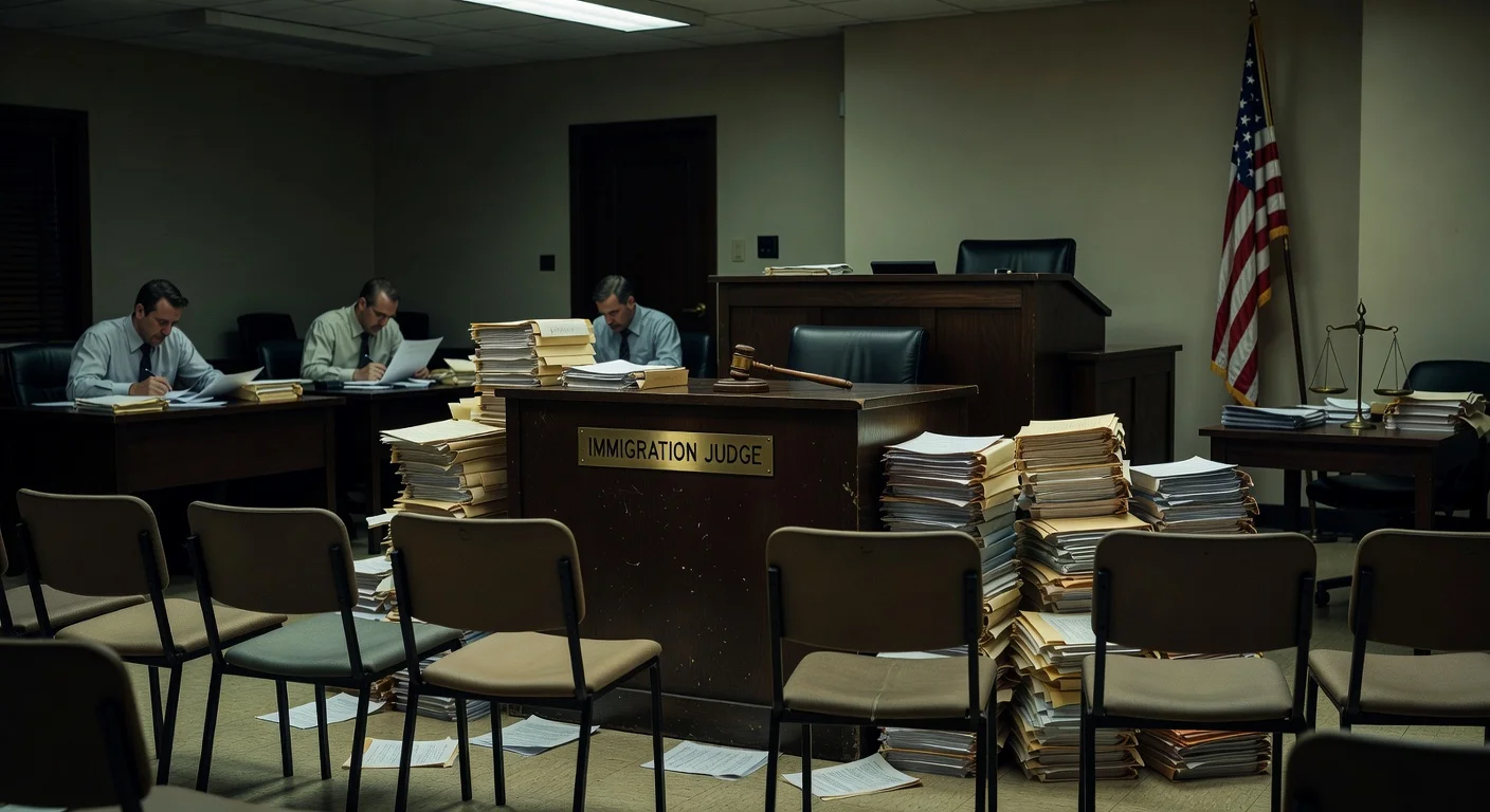 Empty U.S. immigration courtroom overwhelmed by backlog files amid judge shortage crisis.