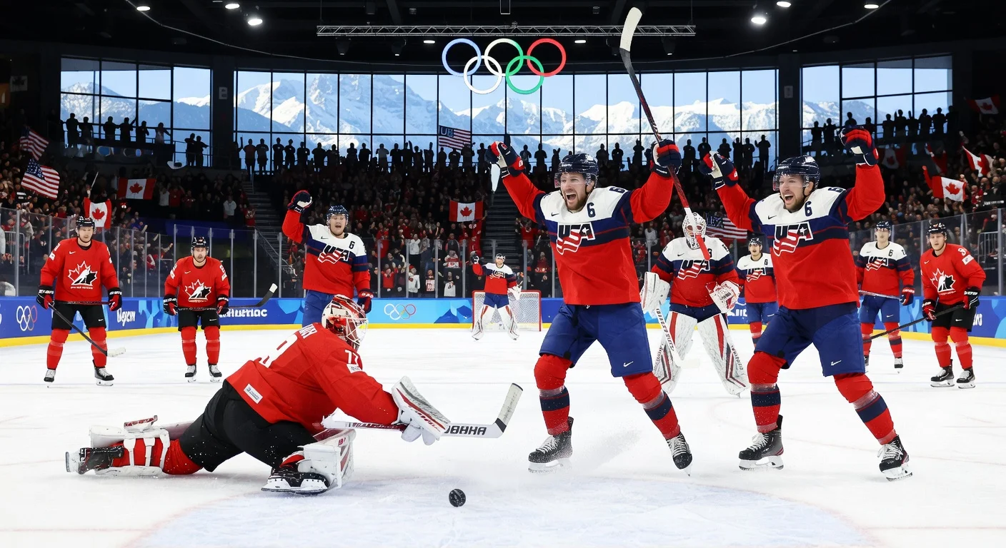 Team USA's Jack Hughes scores the overtime game-winning goal against Canada in the 2026 Olympic men's hockey gold medal final, sparking wild celebrations.