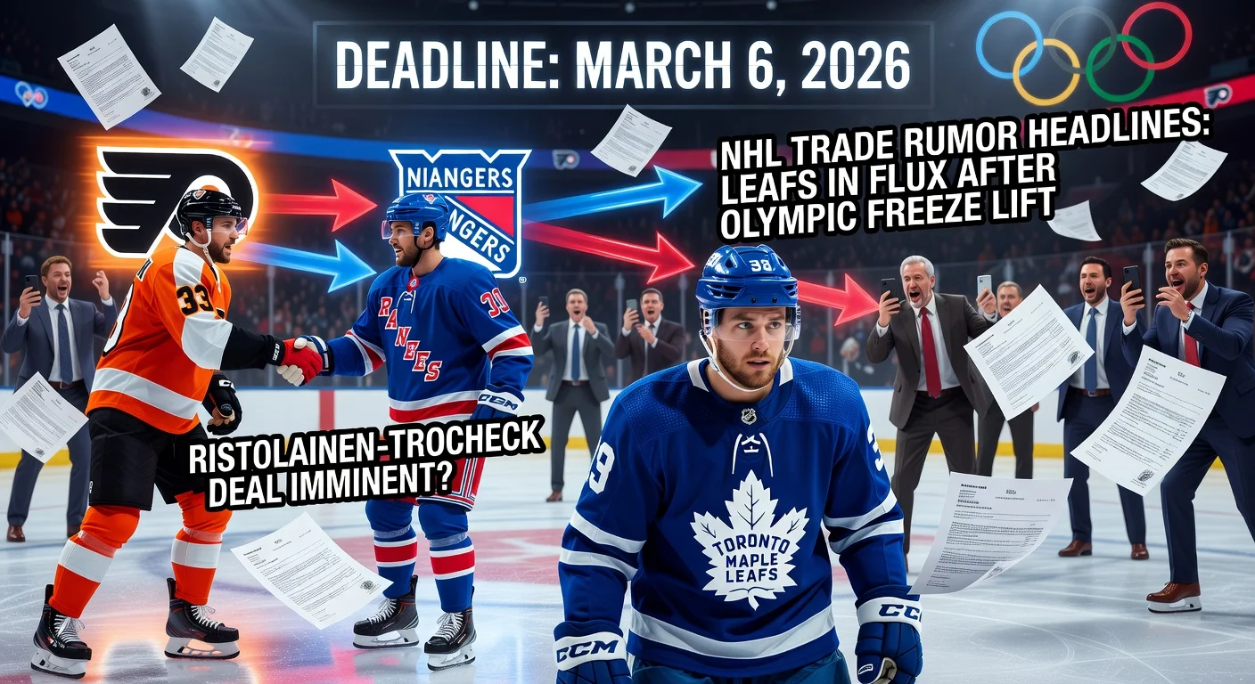 Illustration depicting NHL trade rumors post-Olympic freeze, featuring Maple Leafs' McMann, Flyers' Ristolainen, and Rangers' Trocheck amid deadline buzz.