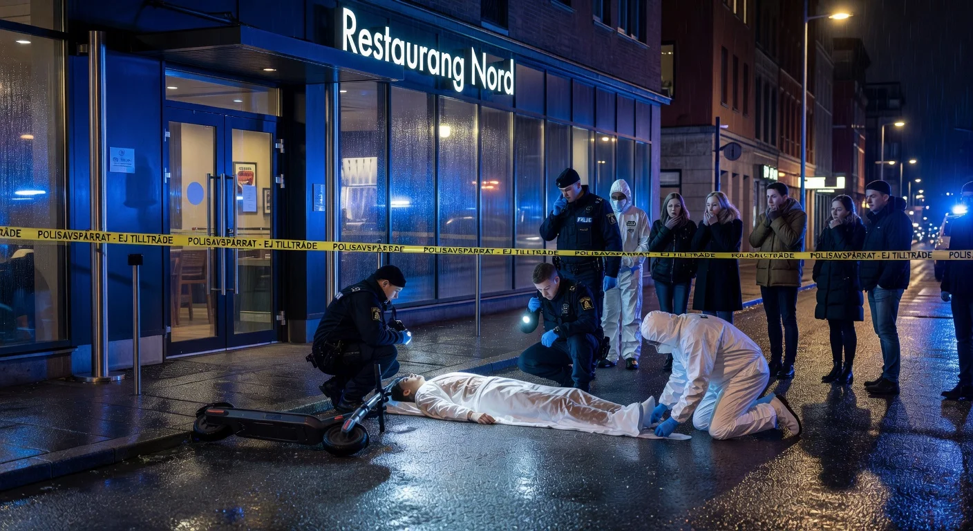 Police at a cordoned-off restaurant crime scene in Eskilstuna after a fatal shooting, with covered body and abandoned e-scooter.