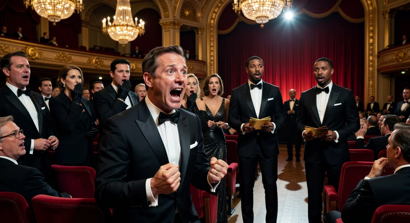 Illustration of Tourette's advocate John Davidson's involuntary outburst at the BAFTAs, with presenters Michael B. Jordan and Delroy Lindo on stage.