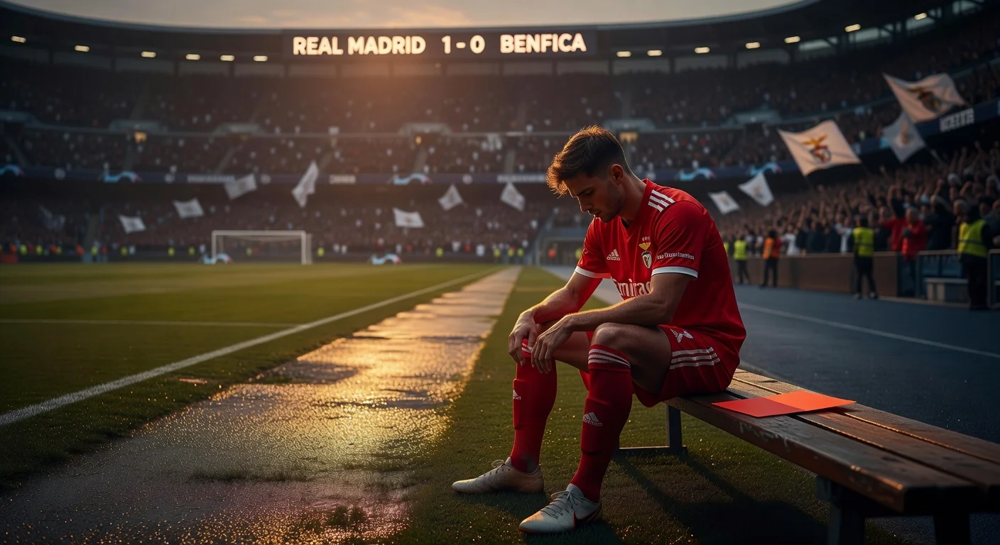 Dejected Benfica forward Gianluca Prestianni sidelined by UEFA suspension at Santiago Bernabéu ahead of Champions League clash with Real Madrid.