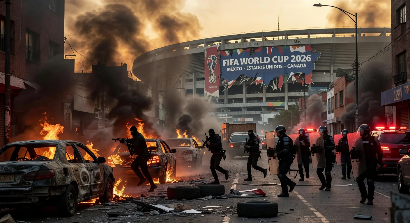 Burning vehicles and roadblocks in Guadalajara streets amid cartel violence, with 2026 World Cup stadium in background, heightening security fears.