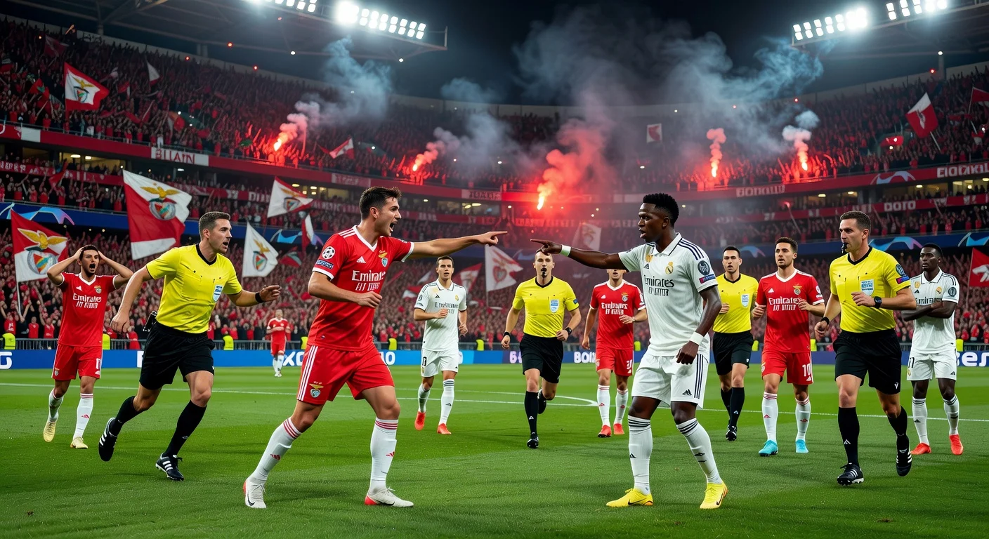 Dramatic illustration of Benfica's Gianluca Prestianni confronting Vinicius Junior on the pitch during Champions League match, sparking UEFA suspension.