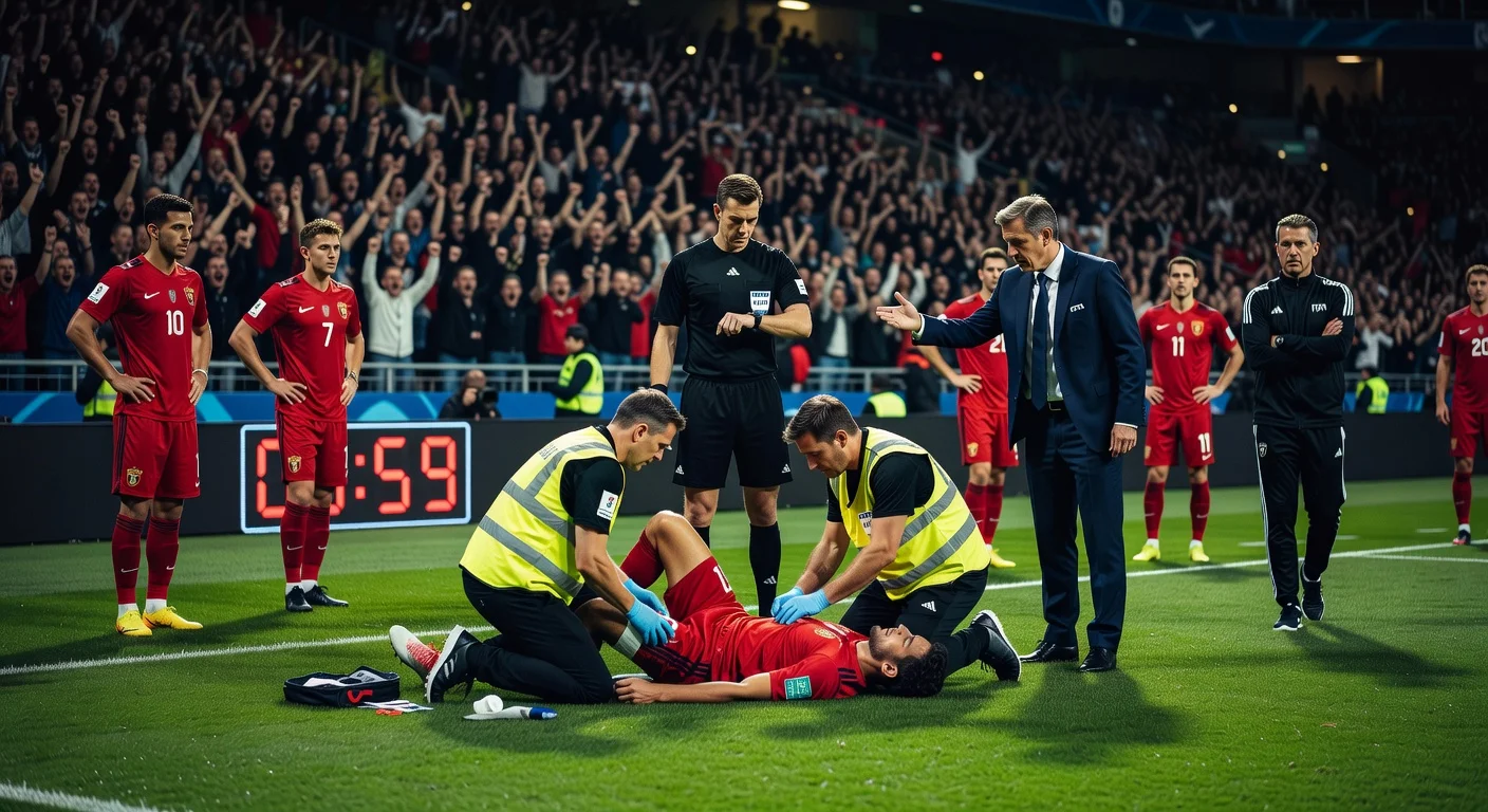 Soccer player receiving treatment off-field under FIFA's proposed one-minute injury rule, with timer visible, in a vibrant stadium setting.