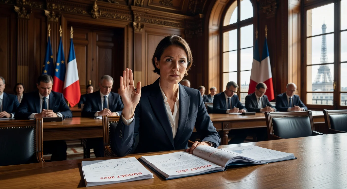 Amélie de Montchalin raises her hand in abstention during Cour des comptes deliberations on 2025 budget, surrounded by financial documents and colleagues.