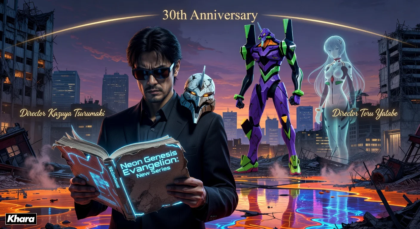 Photorealistic illustration of Yoko Taro holding an Evangelion script with EVA-01 mech in the background, celebrating the franchise's 30th anniversary new series announcement.