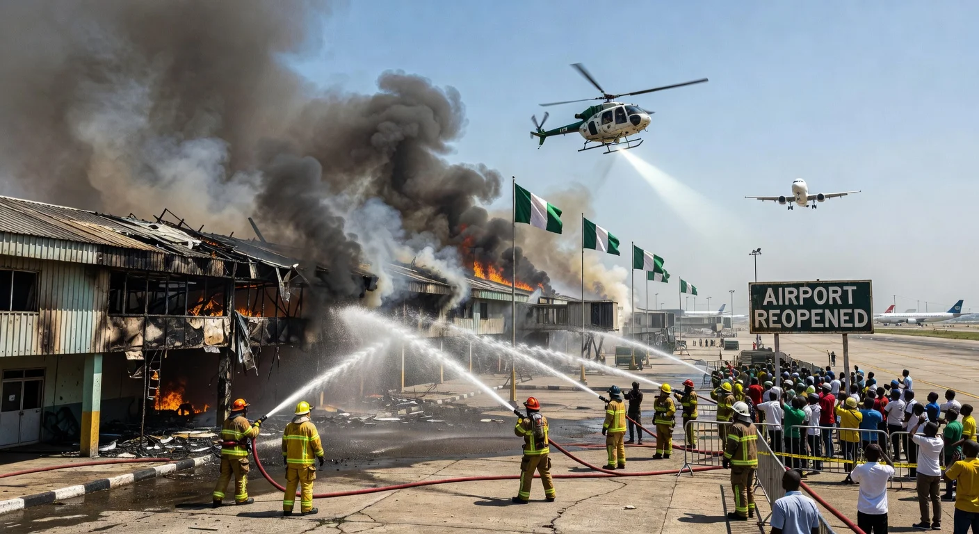 Firefighters extinguish blaze at Lagos airport's old terminal as police helicopter assists; facility reopens after flight diversions.
