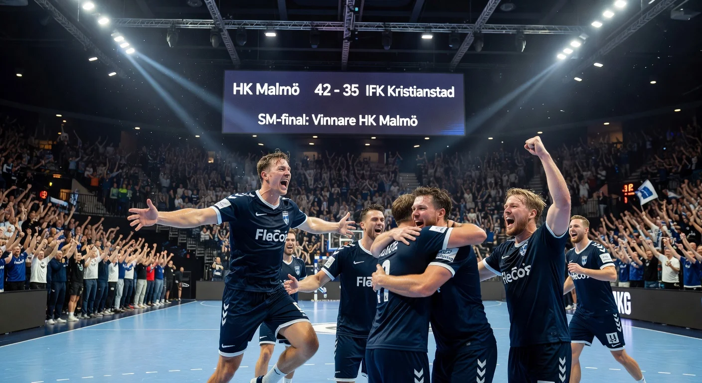 HK Malmö handball team celebrating their victory in the SM final against IFK Kristianstad with a score of 42-35 at Malmö Arena.