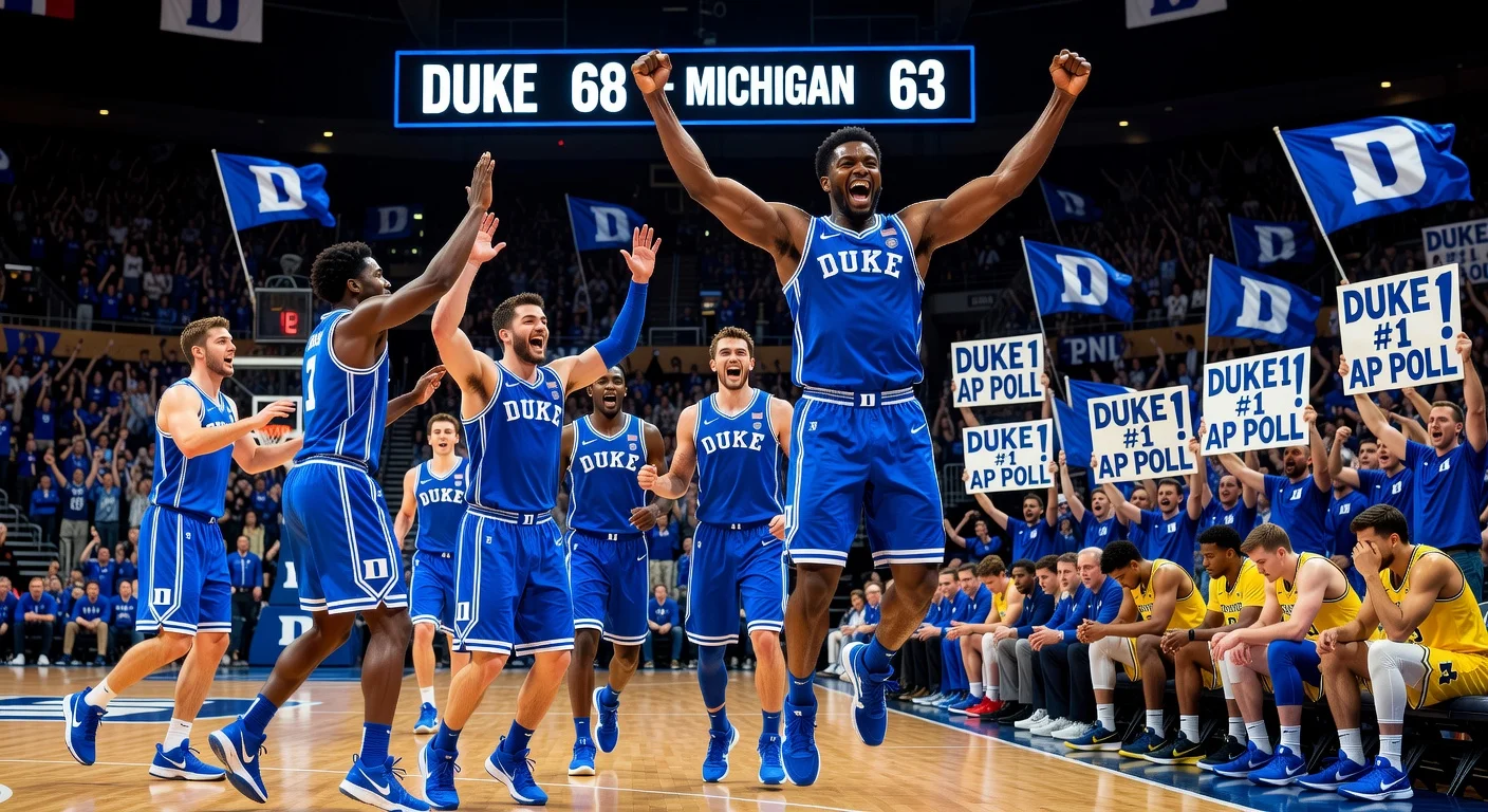 Duke Blue Devils players, led by Cameron Boozer, celebrate topping the AP poll after defeating Michigan 68-63.